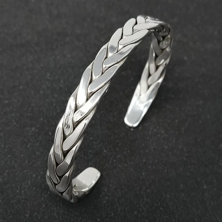 Men's Sleek Braided Silver Cuff Bangle | Unique Polished Silver Bracelet For Men