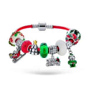 Merry Christmas Tree Elf Sleigh Candy Cane Beads Multi Charm Bracelet Red Leather