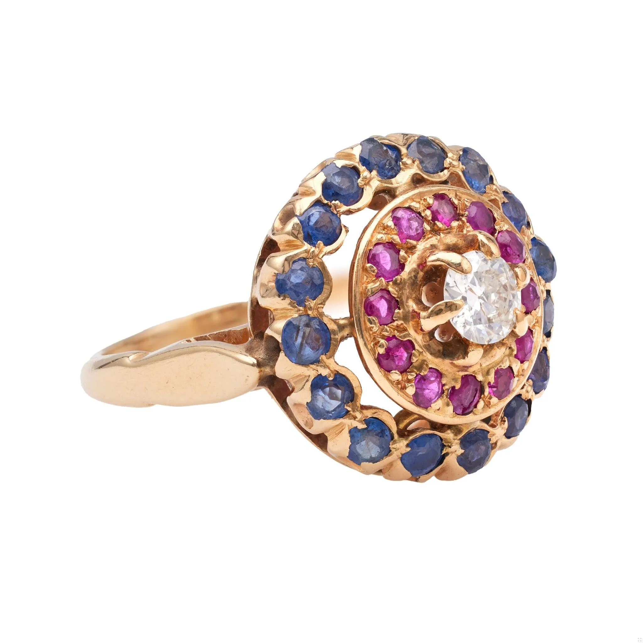 Mid-Century Diamond Ruby Sapphire 18k Yellow Gold Double Halo Ring