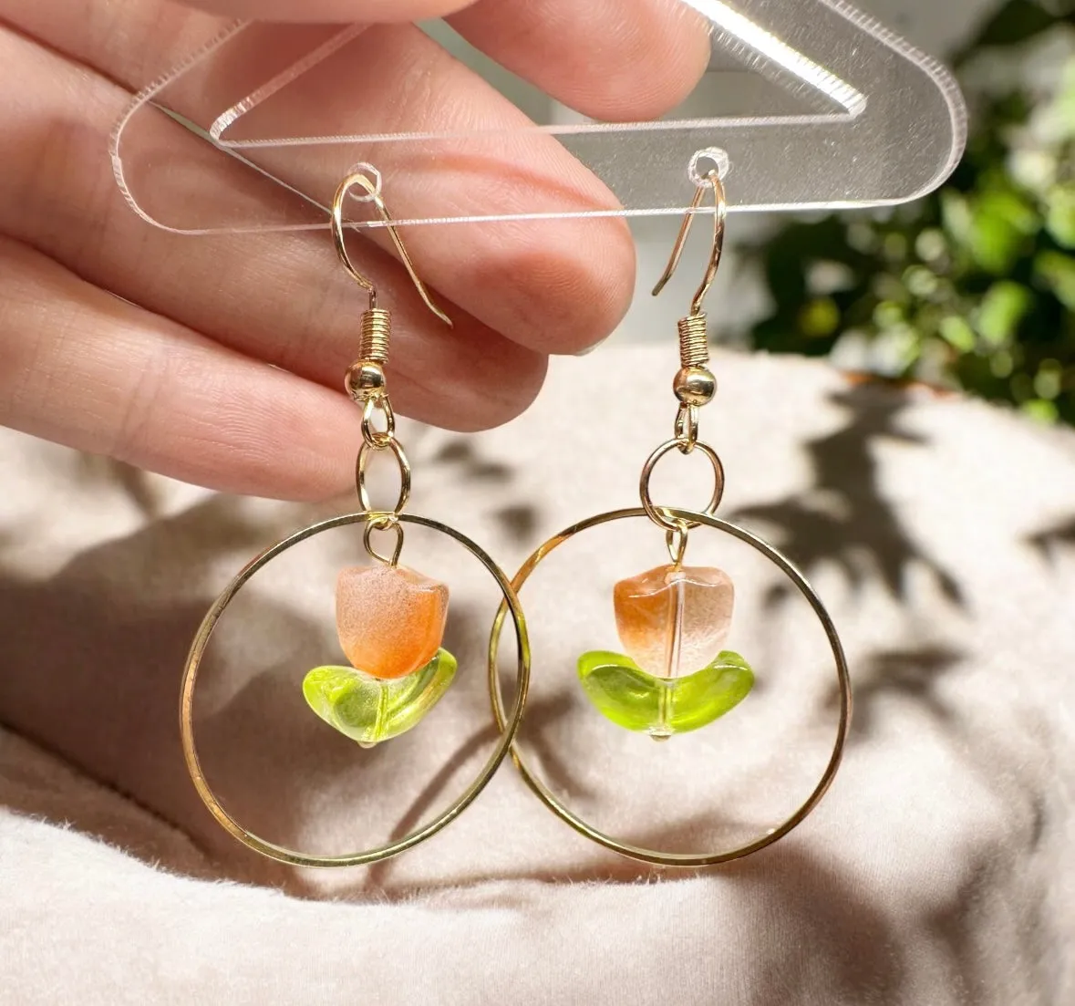 Minimalist - Tulip earrings | golden leaf mini flower earrings | elegant floral dangle hoop earrings