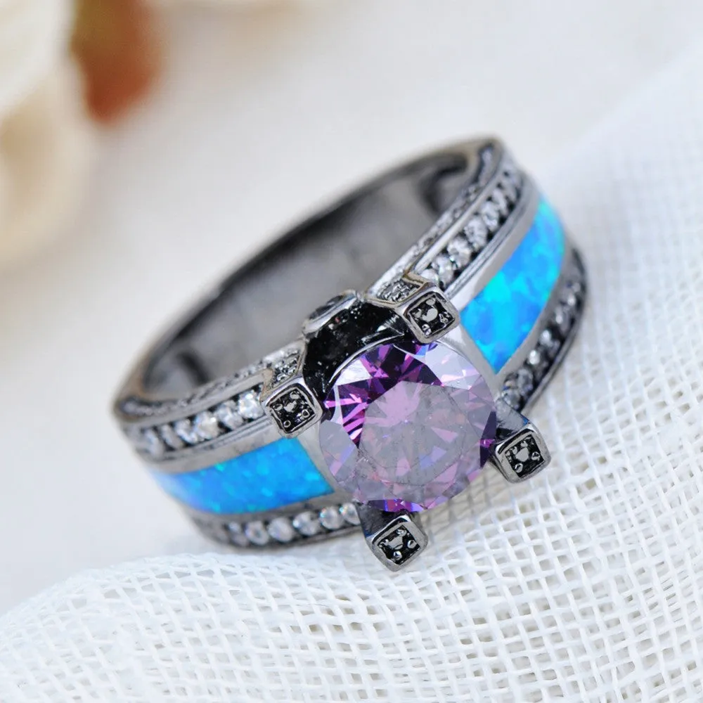 New Blue Opal Female Ring Amethyst Round Zircon Black Gold Filled Sapphire Jewelry Top Quality Wedding Rings For Women