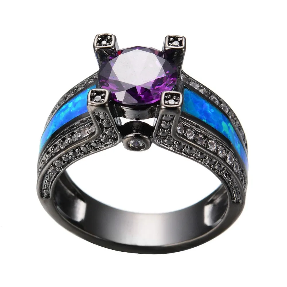 New Blue Opal Female Ring Amethyst Round Zircon Black Gold Filled Sapphire Jewelry Top Quality Wedding Rings For Women