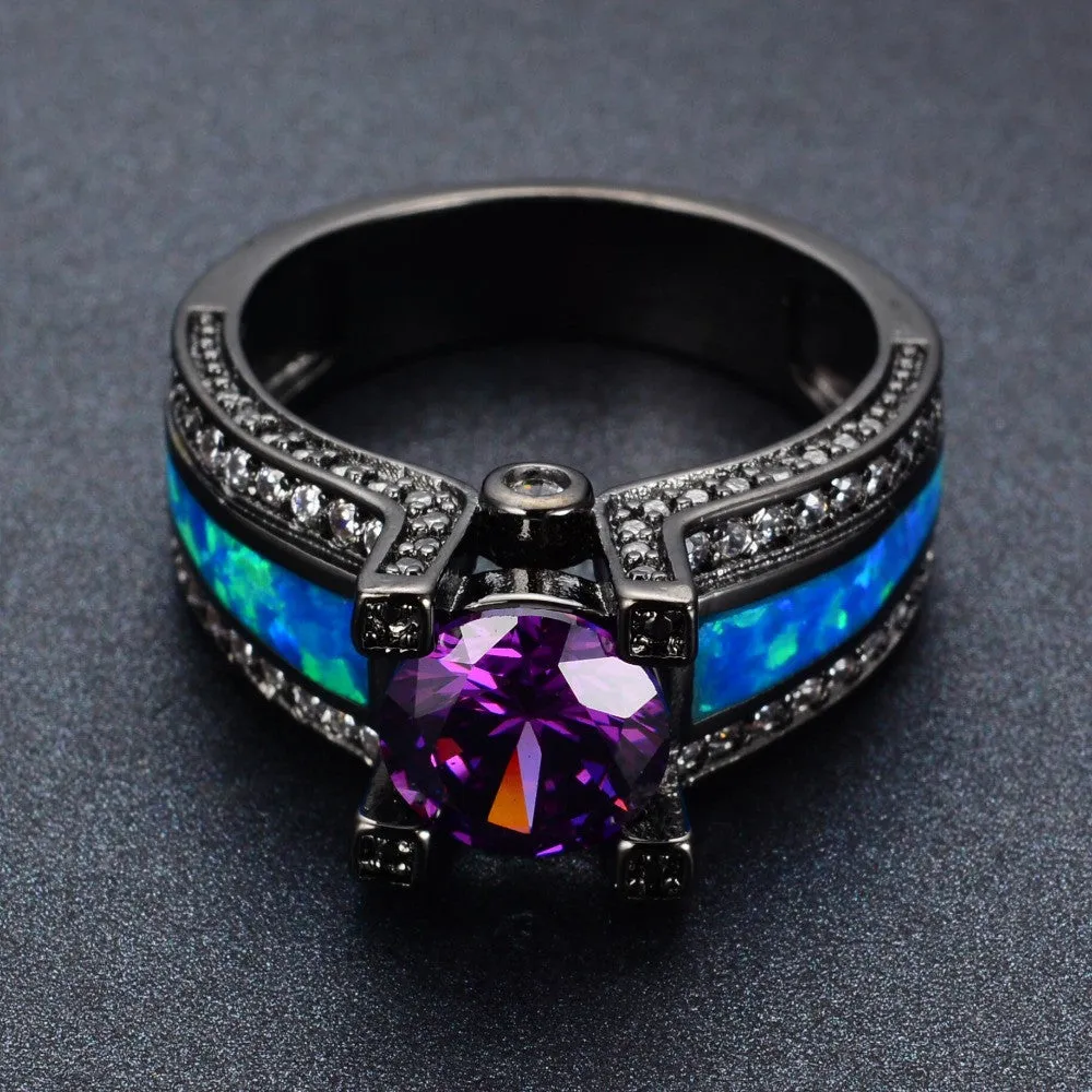 New Blue Opal Female Ring Amethyst Round Zircon Black Gold Filled Sapphire Jewelry Top Quality Wedding Rings For Women