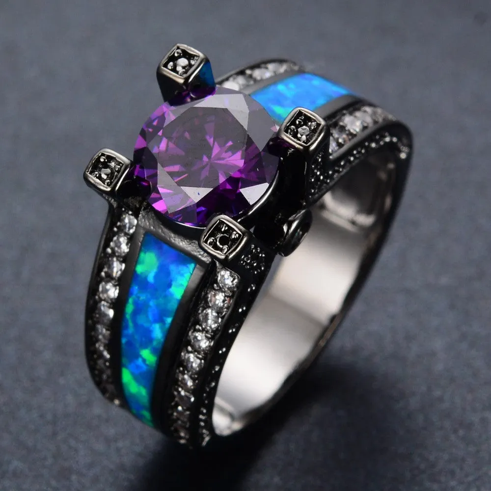 New Blue Opal Female Ring Amethyst Round Zircon Black Gold Filled Sapphire Jewelry Top Quality Wedding Rings For Women