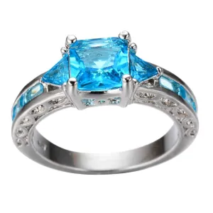 New Fashion Geometric Ring Women Light Blue 10KT White Gold Ring Promise Engagement Rings Gifts For Girlfriend