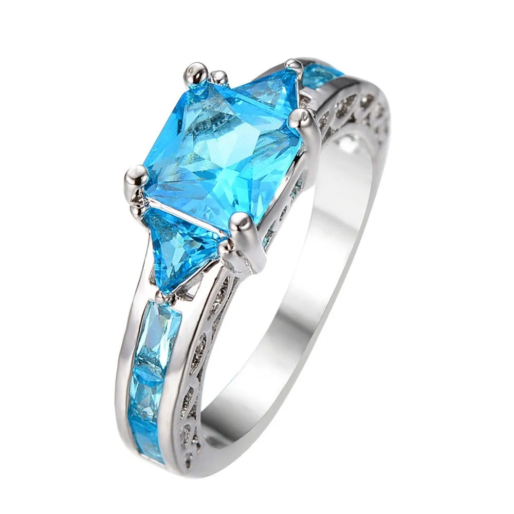 New Fashion Geometric Ring Women Light Blue 10KT White Gold Ring Promise Engagement Rings Gifts For Girlfriend