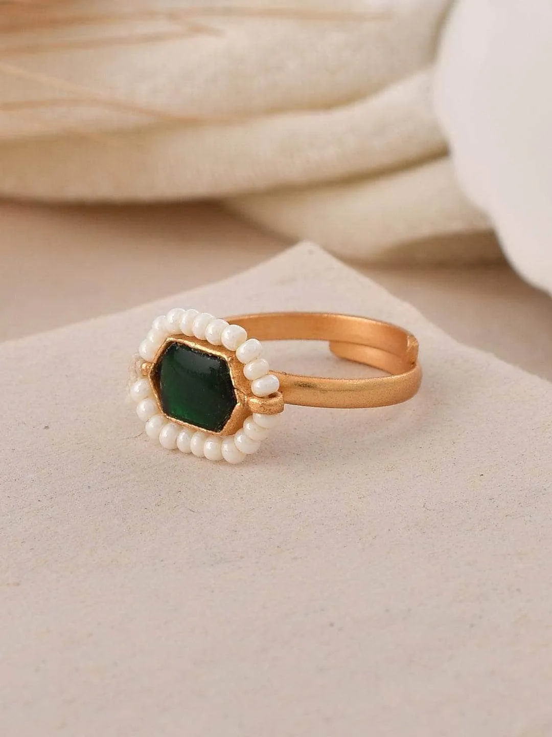 Oblong Kundan Pearl Ring Dark Green