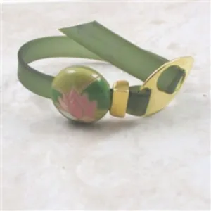 Olive Green Jelly Band Buckle Bracelet Pink Lotus Flower Accent