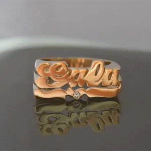 Personalized Name Ring Unisex Custom Letter Initial Ring with Heart Gold-Plated Copper Nameplate Ring