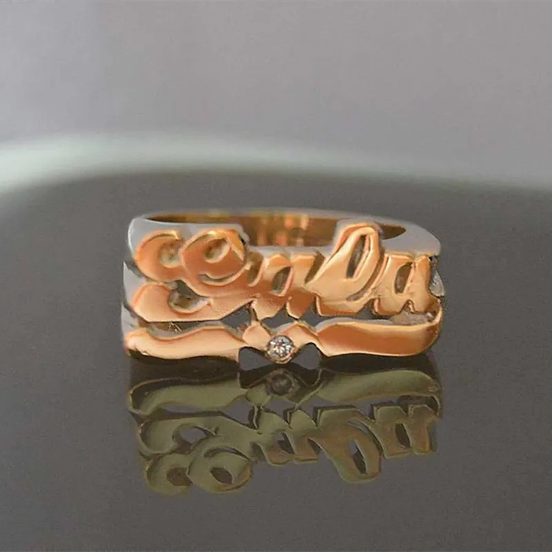 Personalized Name Ring Unisex Custom Letter Initial Ring with Heart Gold-Plated Copper Nameplate Ring