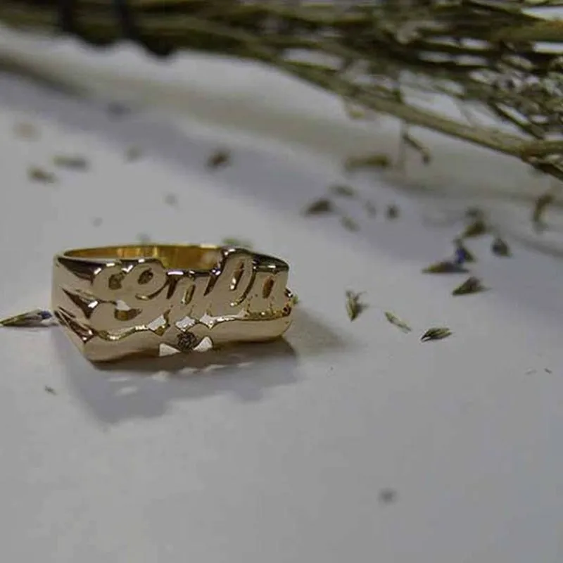 Personalized Name Ring Unisex Custom Letter Initial Ring with Heart Gold-Plated Copper Nameplate Ring