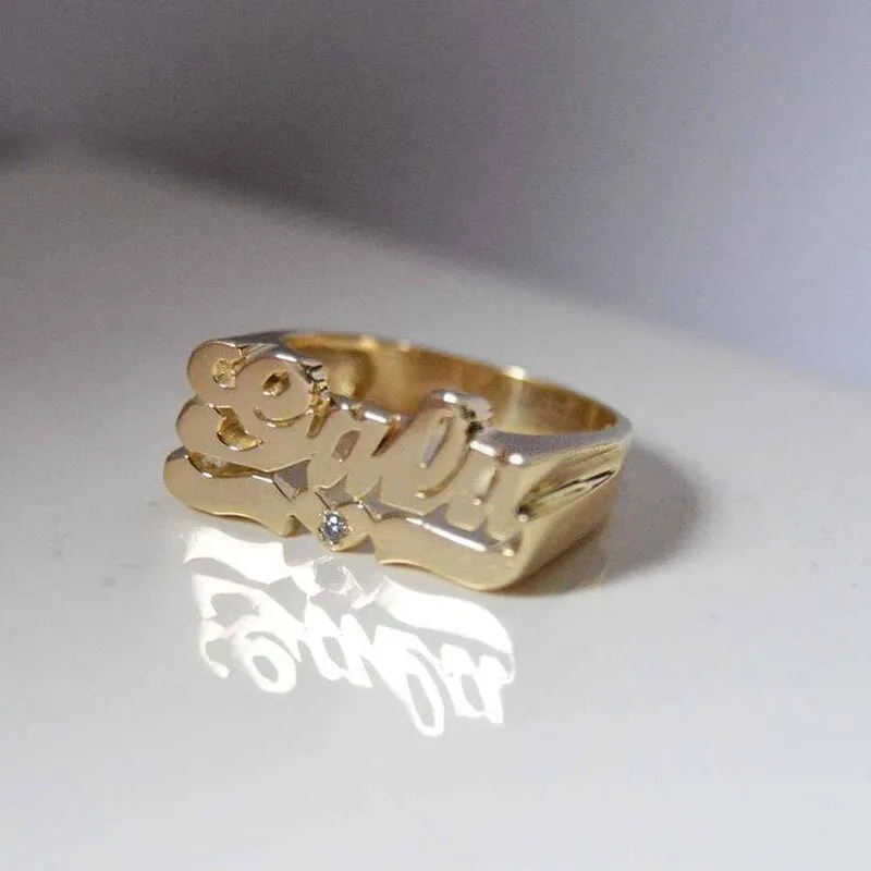 Personalized Name Ring Unisex Custom Letter Initial Ring with Heart Gold-Plated Copper Nameplate Ring