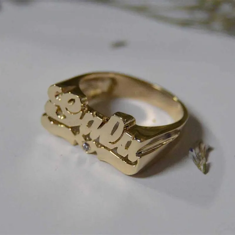 Personalized Name Ring Unisex Custom Letter Initial Ring with Heart Gold-Plated Copper Nameplate Ring