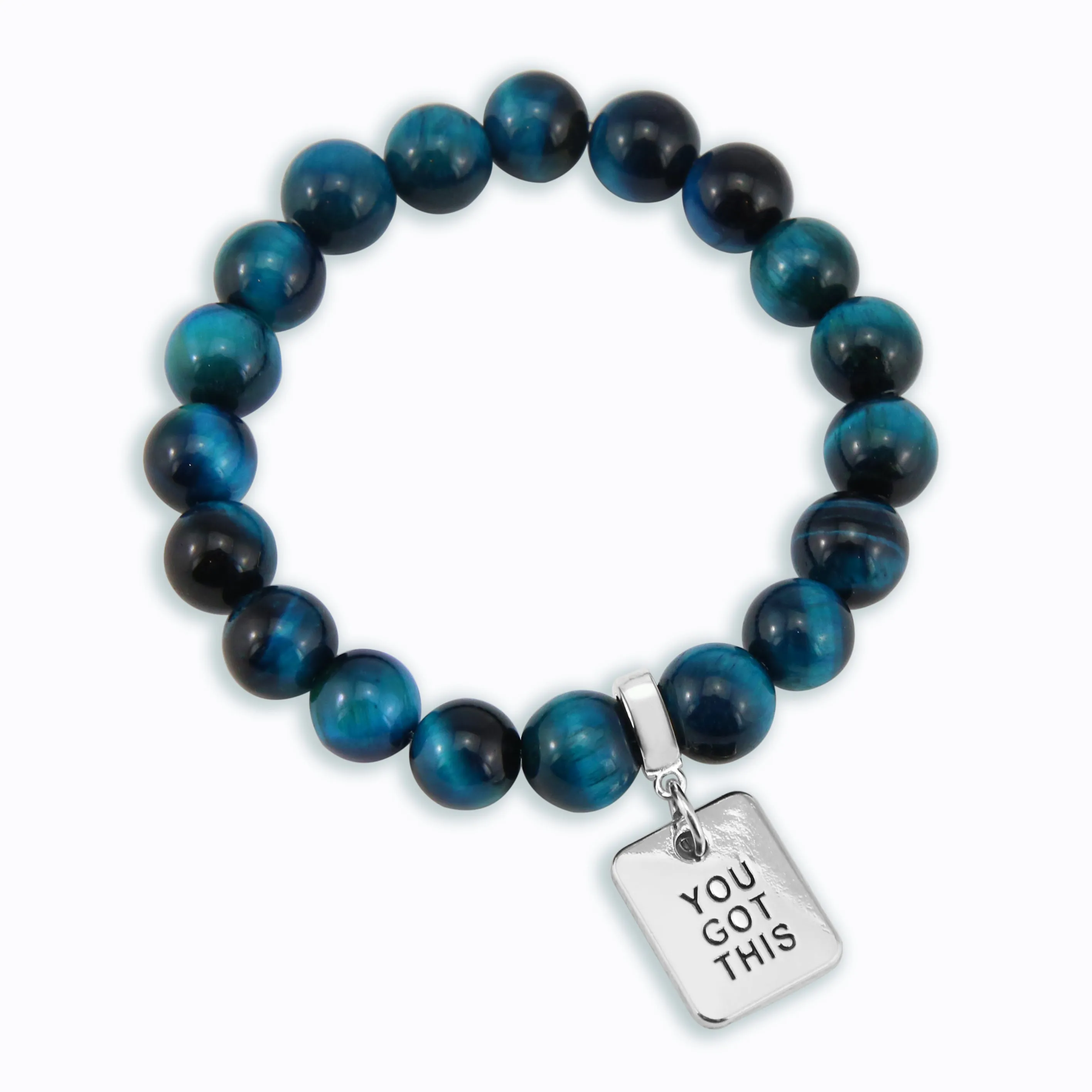 Precious Stone Bracelet - Teal Tigers Eye 10mm Beads - with Silver Word Charms