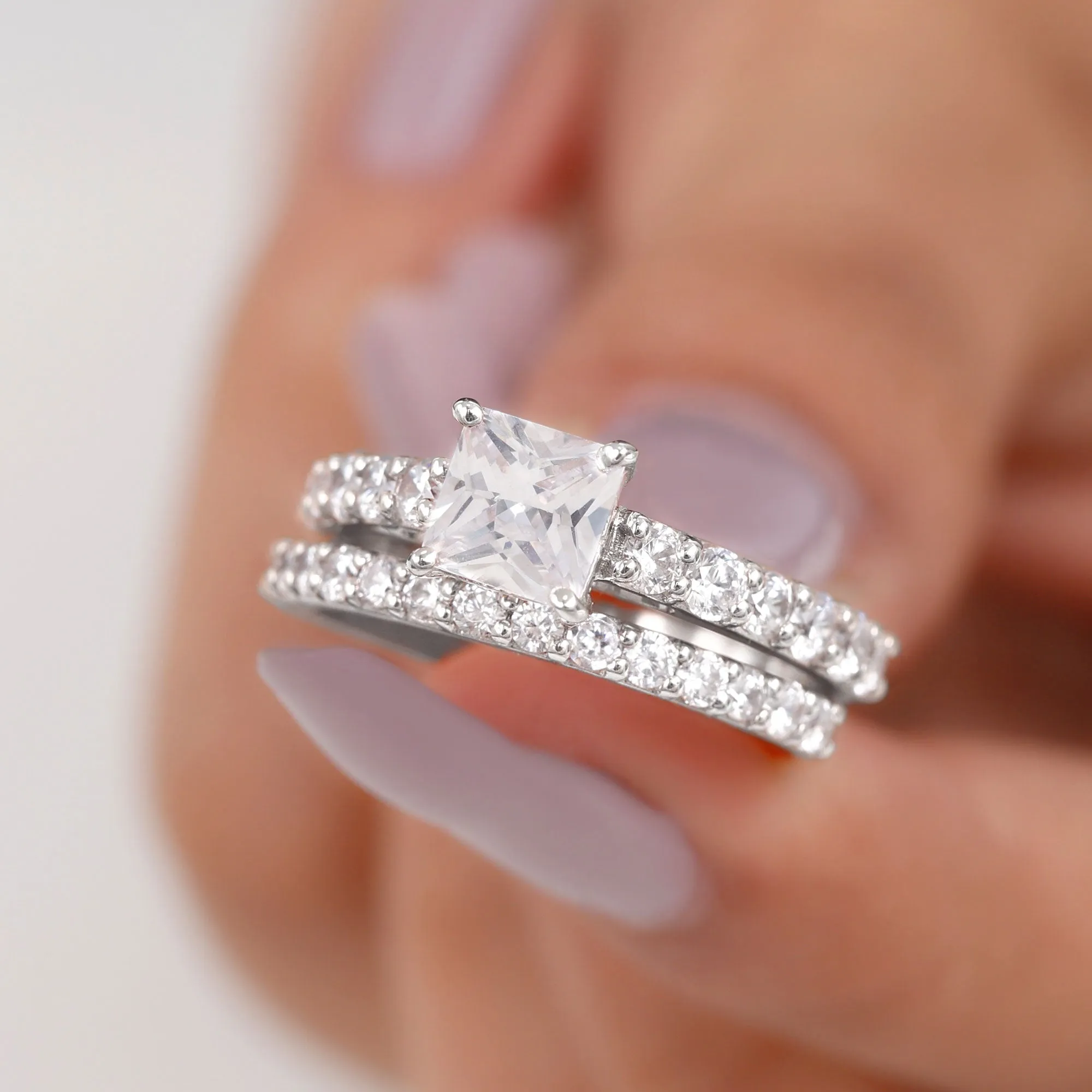 Princess Cut Zircon Wedding Ring Set with Enhancer Band