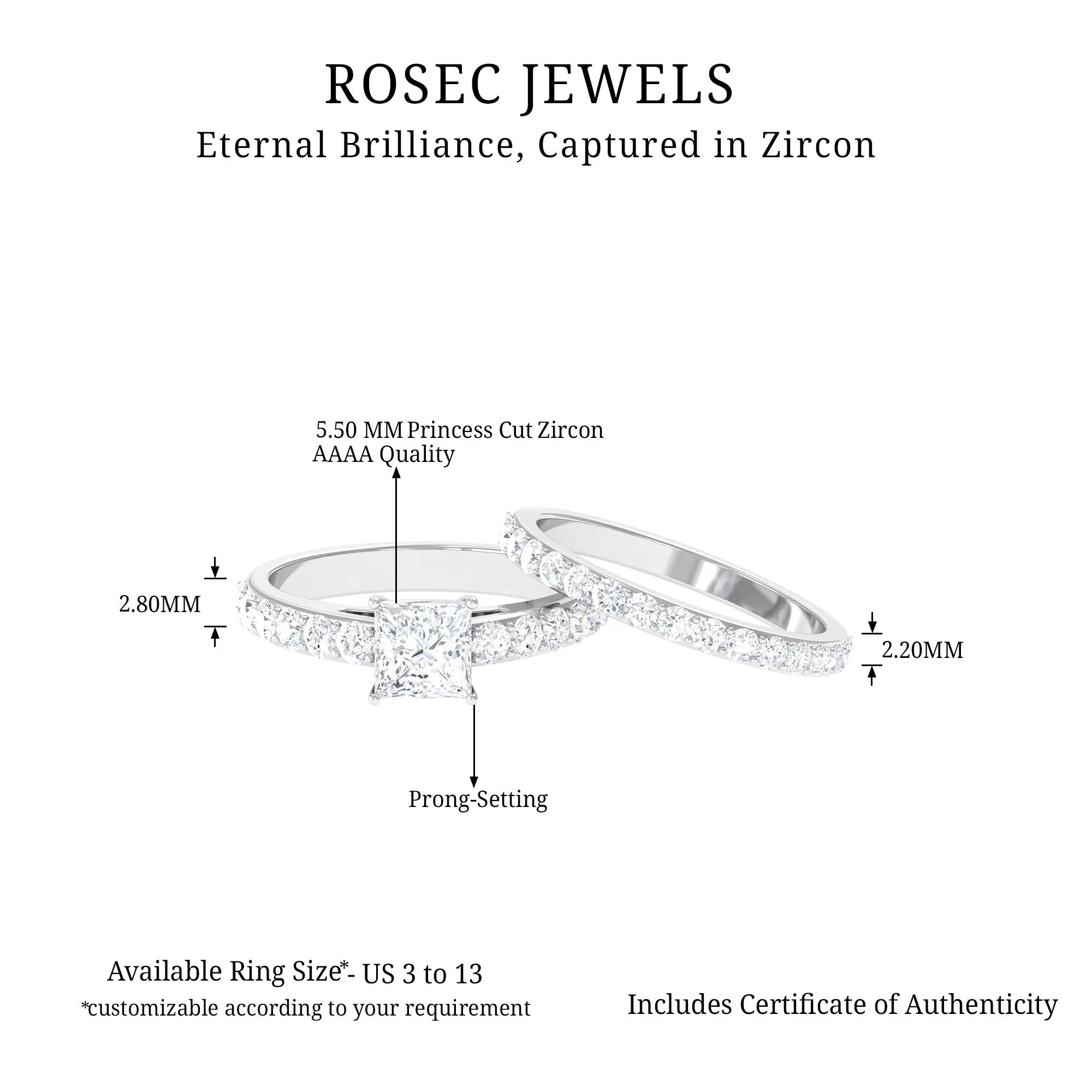 Princess Cut Zircon Wedding Ring Set with Enhancer Band