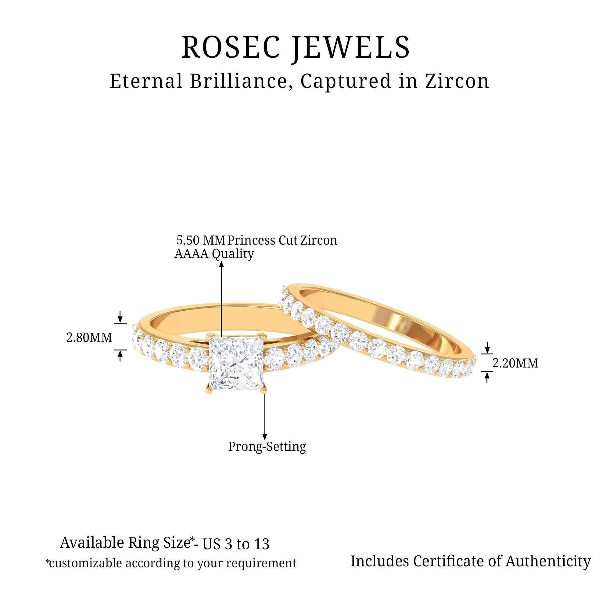 Princess Cut Zircon Wedding Ring Set with Enhancer Band