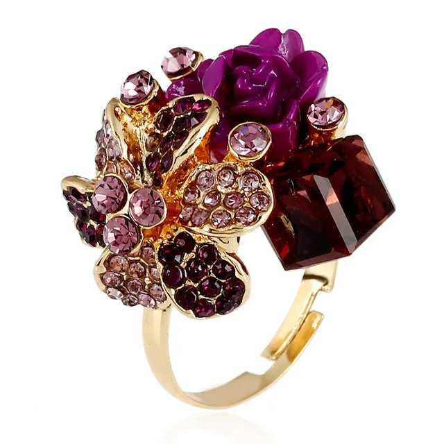 Purple flower ring for women hot sale crystal fashion party ring colorful jewelry trendy resin adjustable women's ring