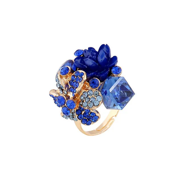 Purple flower ring for women hot sale crystal fashion party ring colorful jewelry trendy resin adjustable women's ring