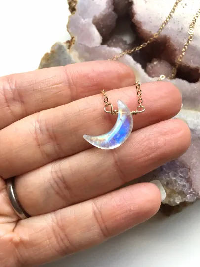 Rainbow Moonstone Crescent Moon Necklace