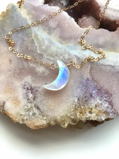 Rainbow Moonstone Crescent Moon Necklace