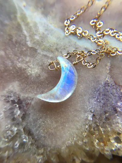 Rainbow Moonstone Crescent Moon Necklace