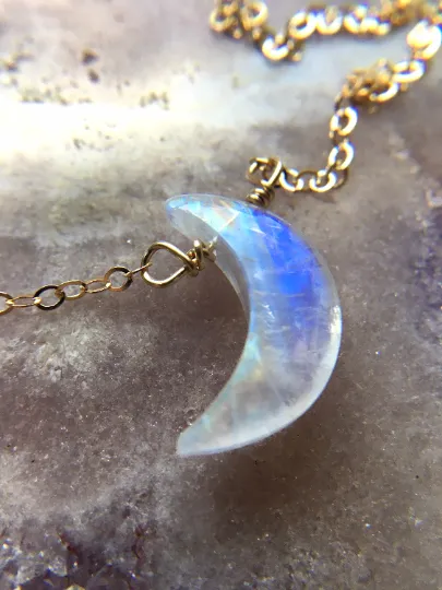 Rainbow Moonstone Crescent Moon Necklace