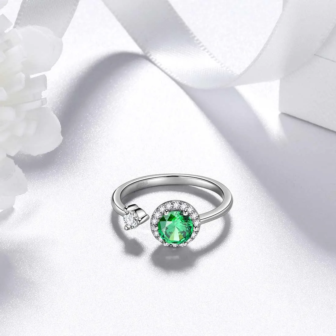 Round Birthstone May Emerald Ring Women Girls Jewelry Birthday Gift Sterling Silver