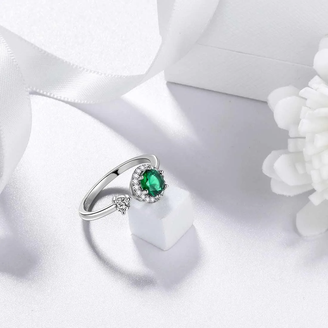 Round Birthstone May Emerald Ring Women Girls Jewelry Birthday Gift Sterling Silver