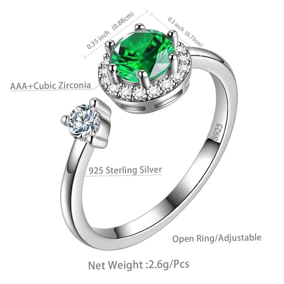 Round Birthstone May Emerald Ring Women Girls Jewelry Birthday Gift Sterling Silver