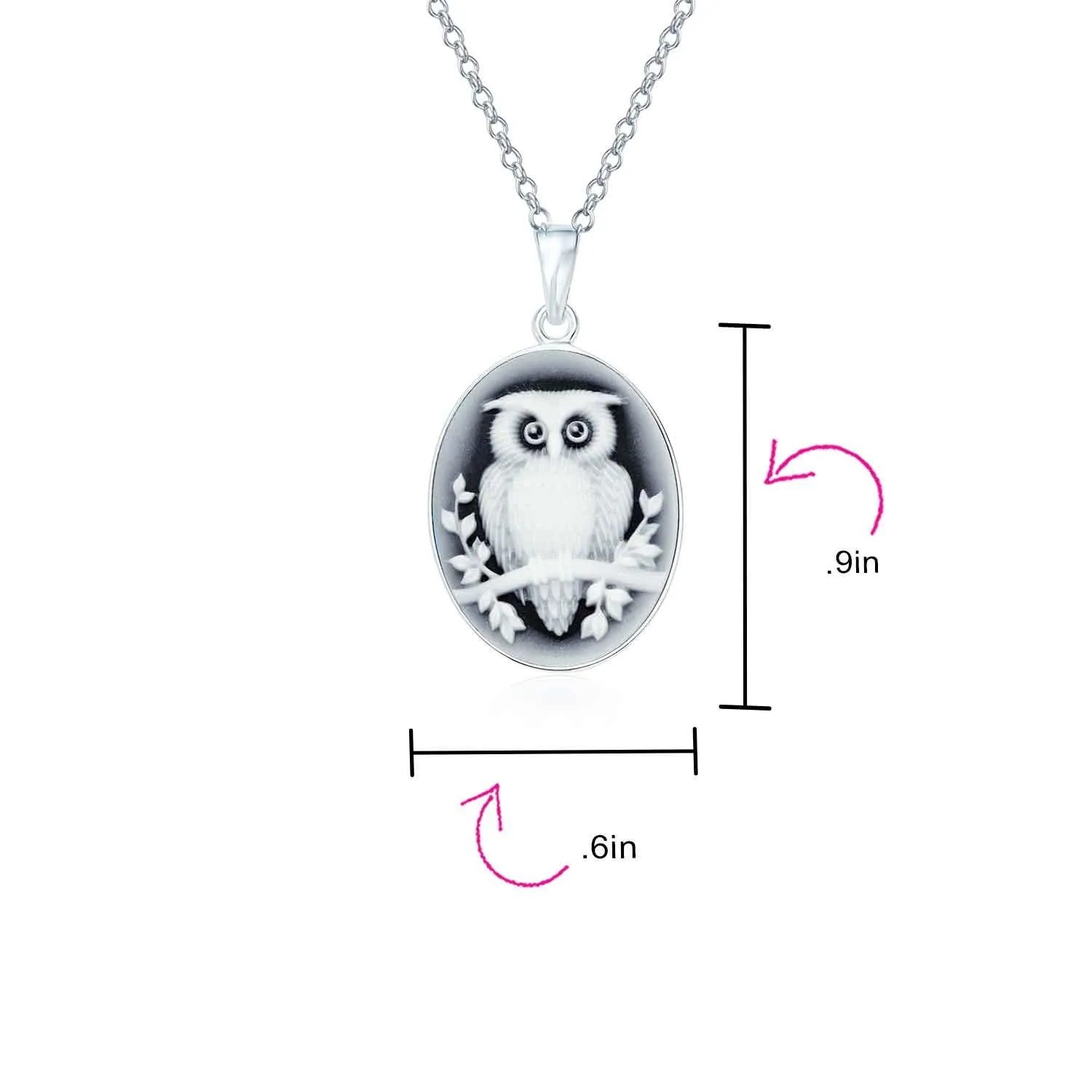 Simulated Black Onyx Owl Cameo Pendant Necklace in Sterling Silver Oval Branch Design