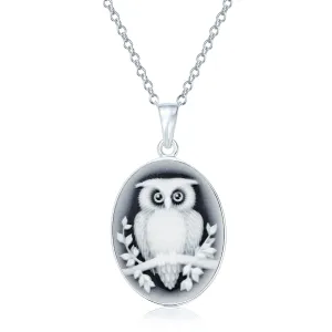 Simulated Black Onyx Owl Cameo Pendant Necklace in Sterling Silver Oval Branch Design