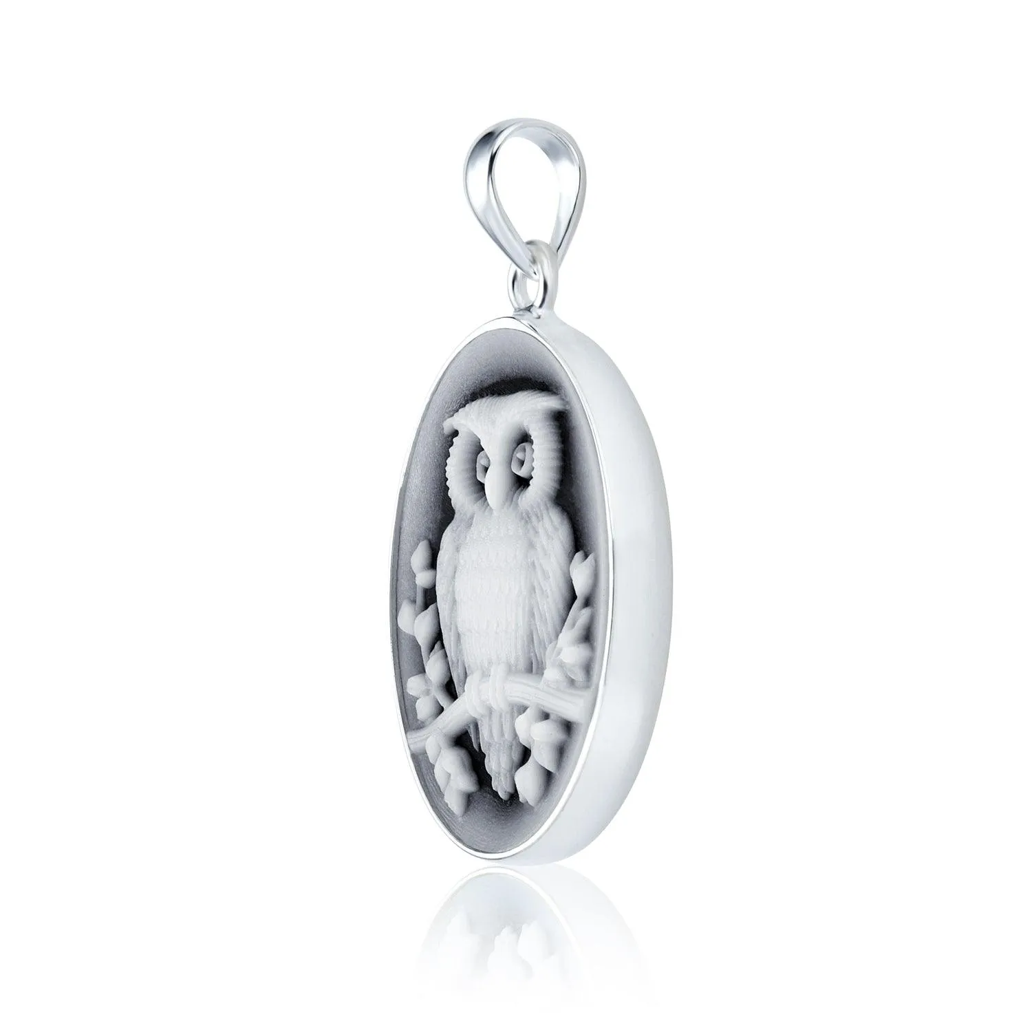 Simulated Black Onyx Owl Cameo Pendant Necklace in Sterling Silver Oval Branch Design