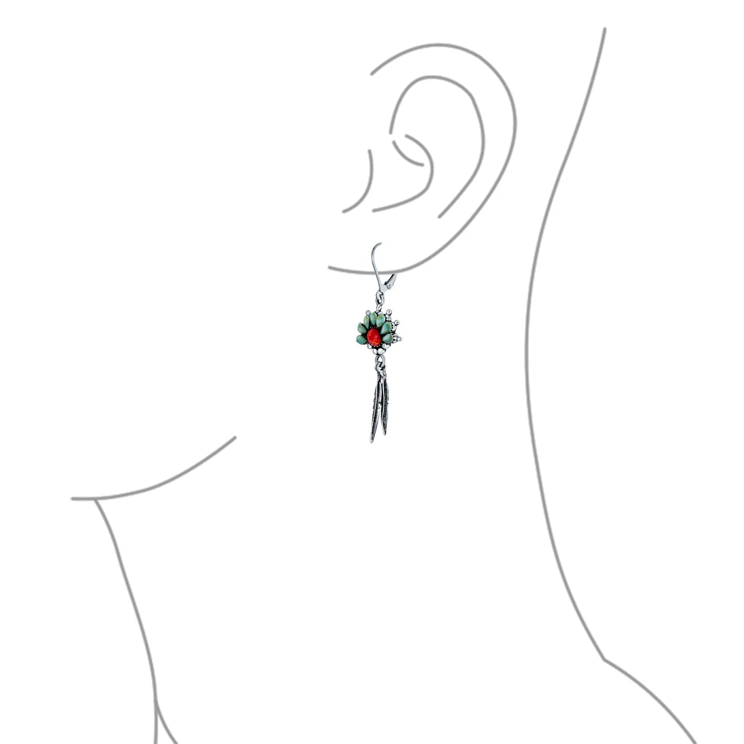 Southwest Native Style Turquoise Coral Feather Dangle Gemstone Earrings  Silver