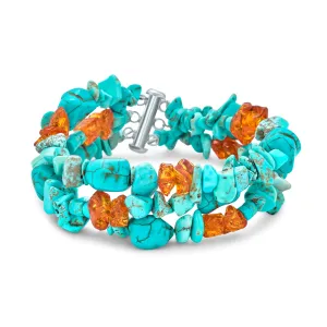 Statement Blue Turquoise Amber Resin Multi Strand Bracelet with Silver Clasp