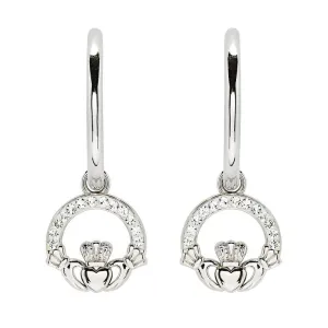 Sterling Silver Crystal Claddagh Hoop Earrings