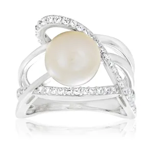 Sterling Silver Cubic Zirconia   Freshwater Pearl Ring   *No Resize*