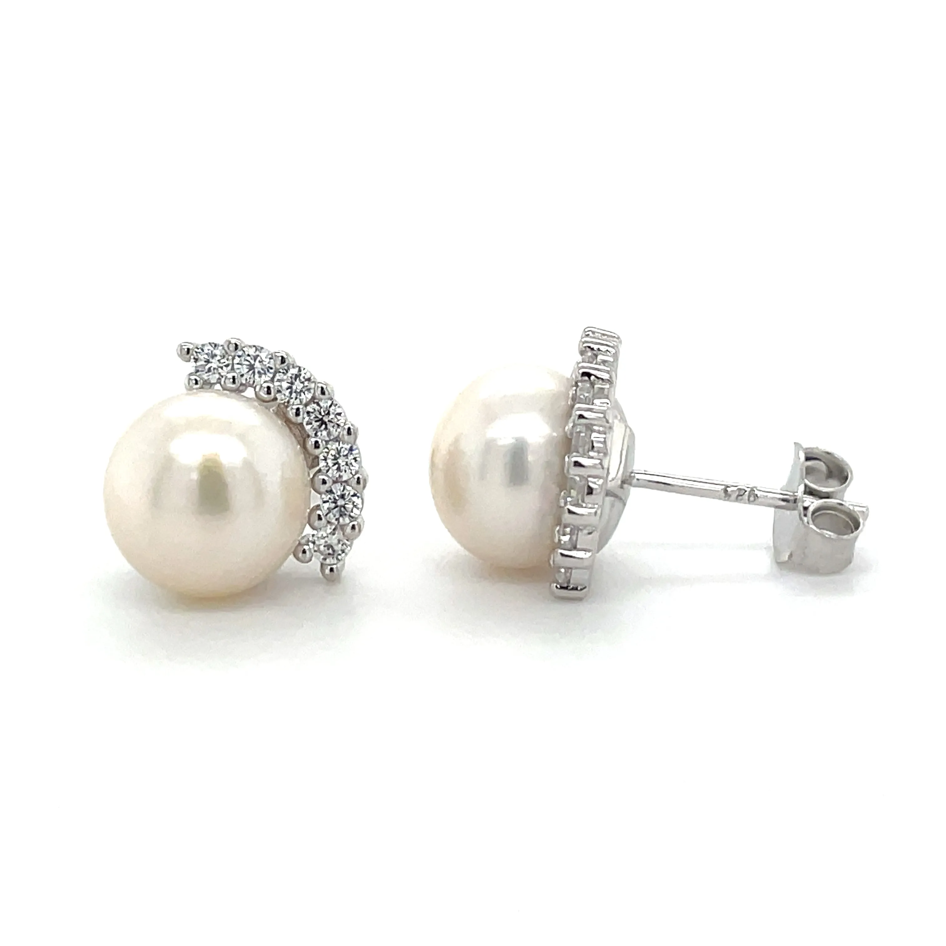 Sterling Silver Pearl & Round Cz Earrings