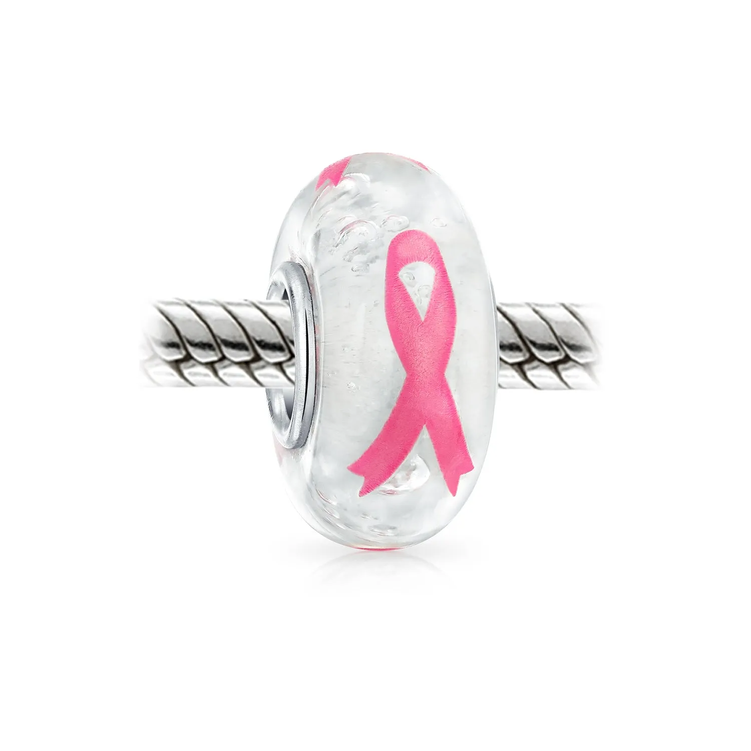 Strength & Hope Pink Ribbon Glass Charm Bead for Breast Cancer Survivor Bracelet