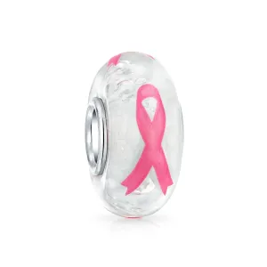 Strength & Hope Pink Ribbon Glass Charm Bead for Breast Cancer Survivor Bracelet