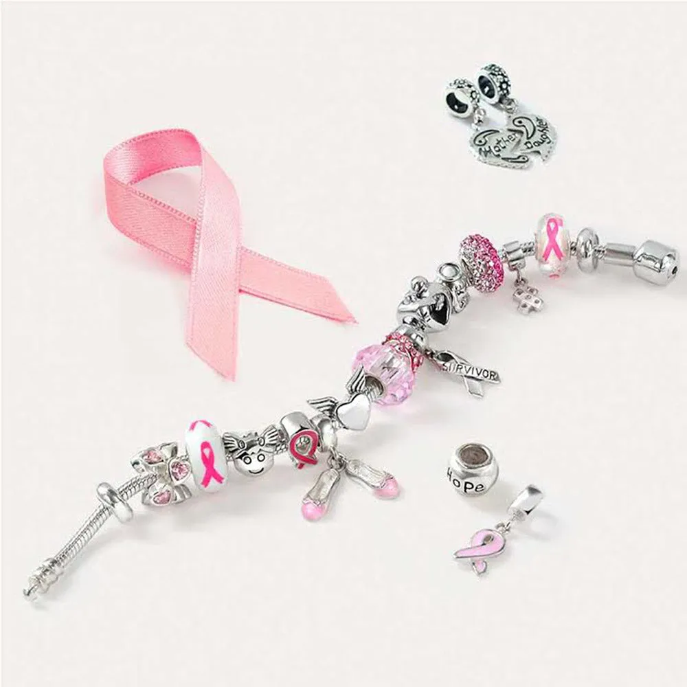 Strength & Hope Pink Ribbon Glass Charm Bead for Breast Cancer Survivor Bracelet