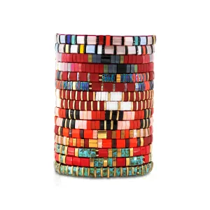 THIN GLASS BEADED STRETCH BRACELET, RED MULTI