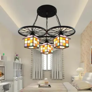 Tiffany Creative Suspension Light: Wheel House Stained Glass Chandelier (3 Lights) - Ideal for Hotels