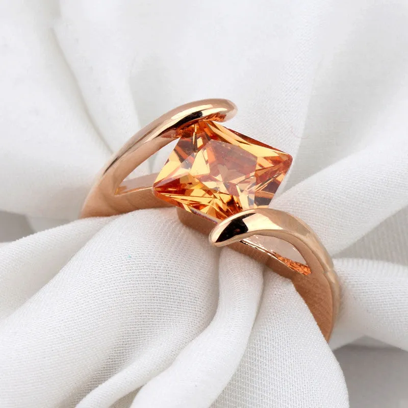 Top Quality Square Orangle Crystal Rose Gold Plated Fashion Ring Austrian Crystals Full Sizes