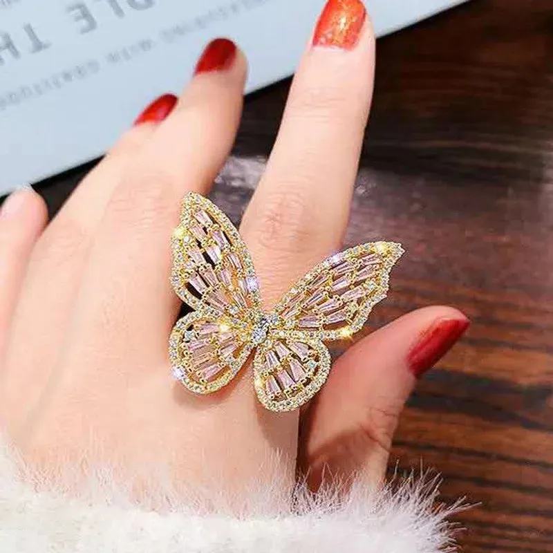 Trendy Shining Butterfly Crystal Acrylic Fashion Hand Accessories Jewelry Ring