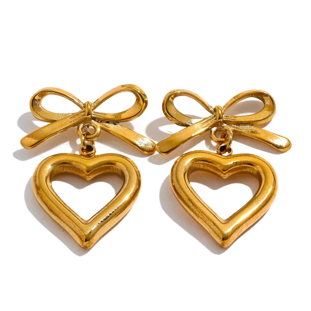 VAIGE Elegant Gold Bow Heart Dangle Earrings in Stainless Steel