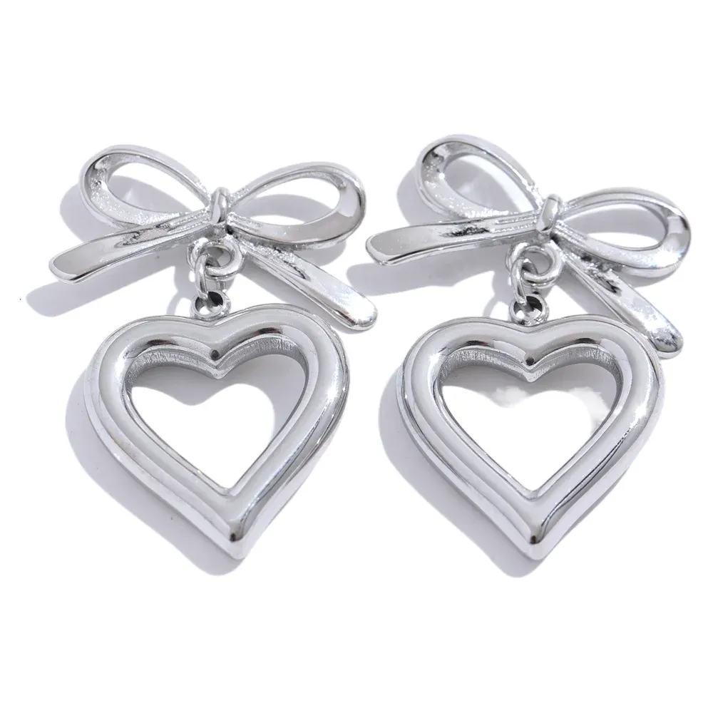 VAIGE Elegant Gold Bow Heart Dangle Earrings in Stainless Steel