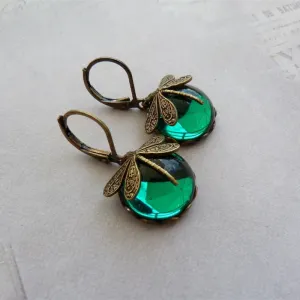 Vintage Elegant Dragonfly Emerald Green Hoop Earrings JLT12776