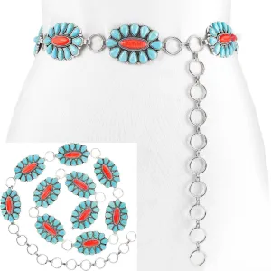 Western Style Semi Stone Squash Blossom Chain Link Belt