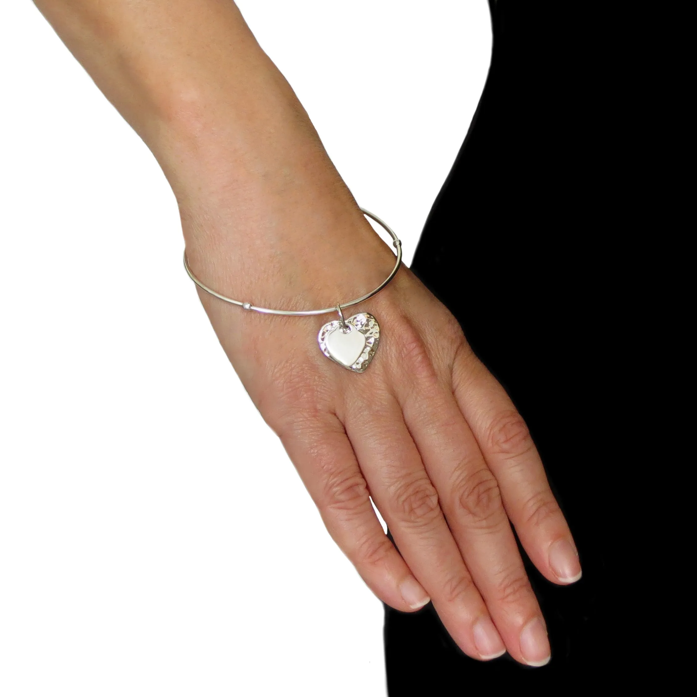 Womens Sterling Silver Bangle with Heart Charms